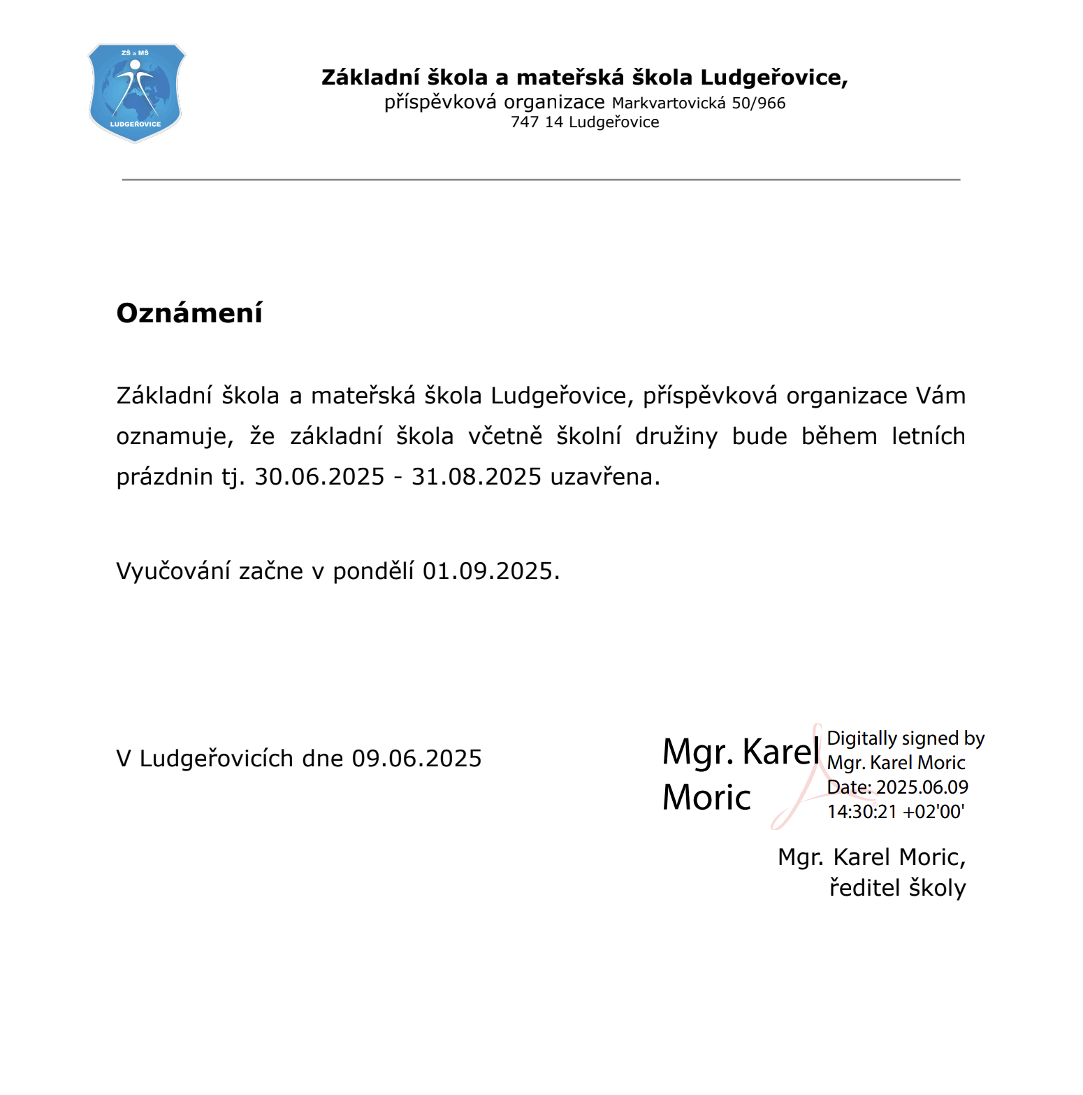 Uzavření ŠD - prázdniny