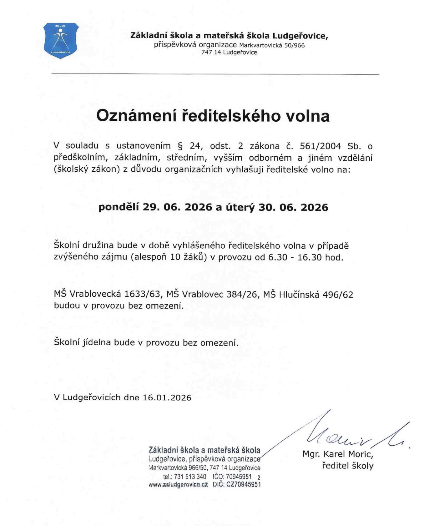 Oznámení ředitelského volna