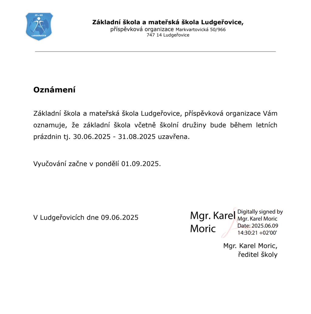 Uzavření ŠD - prázdniny